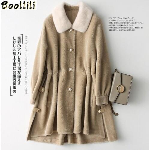 Boollili Real Fur Coat Female Mink Fur Collar 100% Wool Coat Winter Jacket Women Sheep Shearling Jackets Manteau Femme