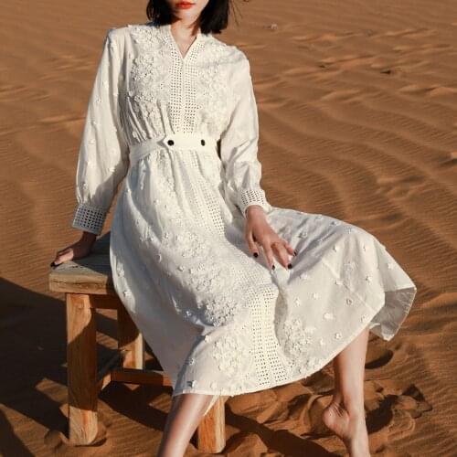 KIYUMI 2021 Autumn Patchwork Floral Embroidered Dress V-Neck Long Sleeve Belt Wait Casual Women Dresses Holiday Boho Beach Dress