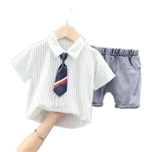 Boys clothes sets summer 2021 children cotton sleeveless tie shirts shorts 2pcs wedding outfits for baby 1 to 5 years kids suits