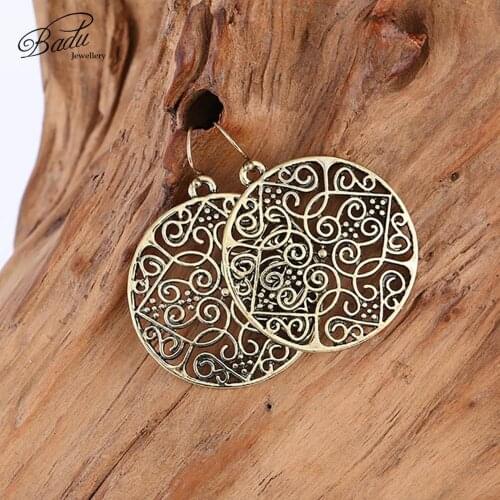 Badu Vintage Round Hollow Dangle Earrings For Women 2019 Classic Ethnic Copper Geometric Hook Drop Earrings Jewelry Wholesale