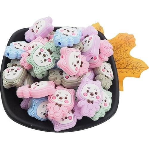 Chenkai 10PCS Silicone Bear Beads Teether Food Baby Cute Cartoon Bead Food Grade Nursing Necklace Pacifier Pendant Accessories