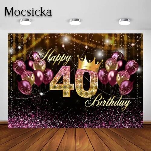 Mocsicka Birthday Party Backdrop for 30 40 50 60 70 Women Birthday Golden Pink Glitter Balloon Decorations Background Photoshoot
