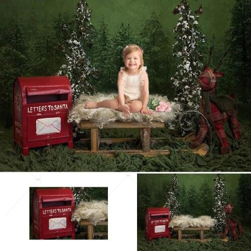 Christmas Newborn Portrait Background for Photography Green Forest Christmas Tree Mailbox Reindeer Toy Photo Backdrop Studio