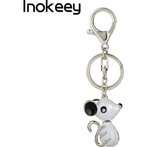 Inokeey Alloy Rhinestone White Enamel Mouse Key Chain Women Metal Lovely Animal Bag Key Ring Fashion Gifts