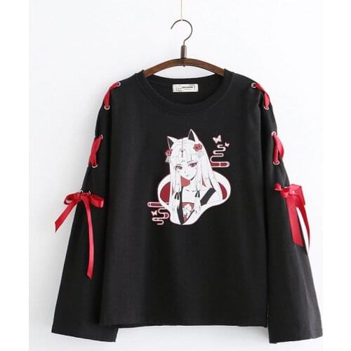 Kawaii Summer t shirt Women clothes Anime fox printed cross ribbon Women Girls' Tshirt harajuku spring Black Cotton Top t-shirt