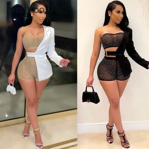 Sexy Black Crystal Three Pieces Shorts Set Women One Sleeve Jackets and High Waist Shorts Special Club 3 Pieces Outfits