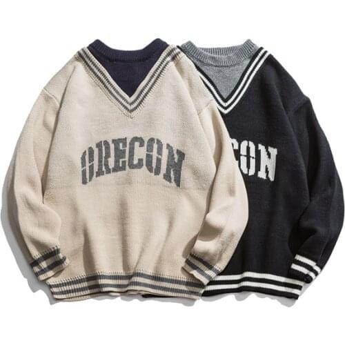 Korean trend V-neck fake two-piece loose couple sweater men and women autumn oversize sweater