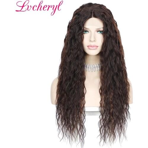 Lvcheryl Mixed Brown Lace Front Wig T-Part Synthetic High Temperauture Afro Kinky Curly Wig Hair for Women Daily Peruka Party