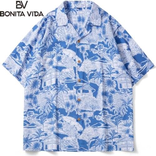 Bonita Vida Full Natural Scenery Print Hawaiian Mens Shirt Summer Casual Hip Hop Short Sleeve Shirt Fashion Blouse Tops