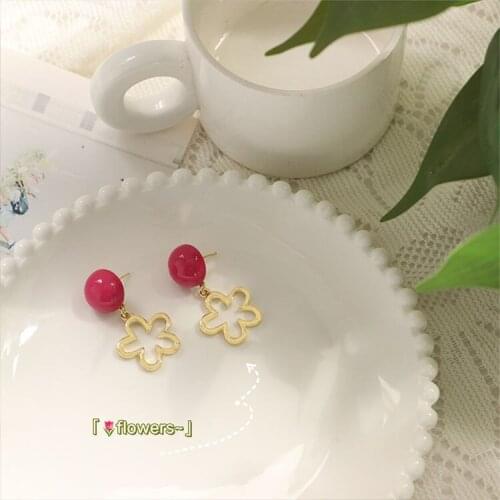 New fashion silver needle summer Korean temperament retro hollow flower earrings rose red half pill earrings womens earrings