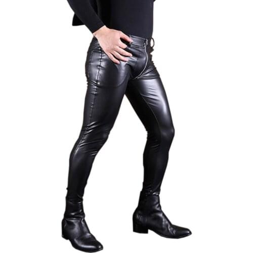 New Mens Mid Waist Skinny Leather Pants Black Casual Straight Trousers Zipper Open