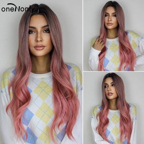OneNonly Long Ombre Pink Body Wave Wigs Middle Part Synthetic Wig Dark Roots for Women Cosplay Party Natural Hair Heat Resistant