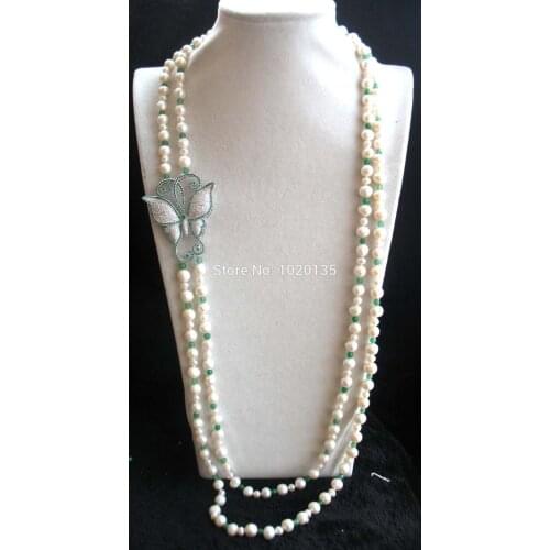 Wholesale 2rows freshwater pearl white round and green zircon butterfly +jade round neklace 39-43inch