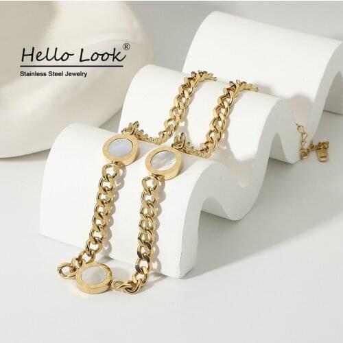 HelloLook Not Fade Women Collar Necklace Stainless Steel Cuban Chain Double Color White Black Shell Necklace Waterproof Jewelry