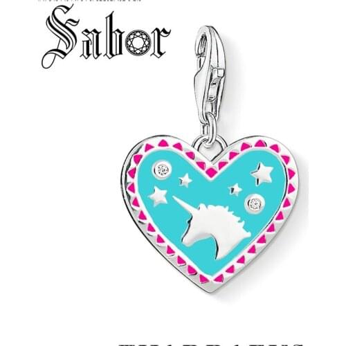 Blue Heart with Unicorn Pendant Charm For Girls Horse silver plated Jewelry Accessories Women Fit Bracelet Party thomas