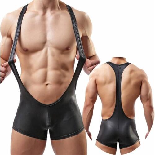Sexy Mens Undershirts Bodysuit One-piece Jumpsuits Wrestling Singlet PU Leather Leotard Boxer Shorts Underwear Dance Clubwear