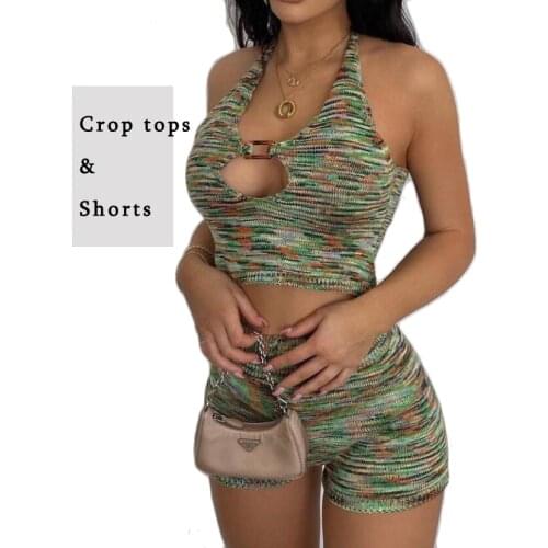 Sexy Sweater Shorts Bodysuits Sleeveless Sexy Crop Tops + Pant Women Two Pieces Knitted Clothing Set