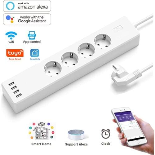 Tuya Smart Life European WIFI Power Strip Works With Alexa Google Home Multi Plug For Takes 4 AC Socket 4 USB Voice Control