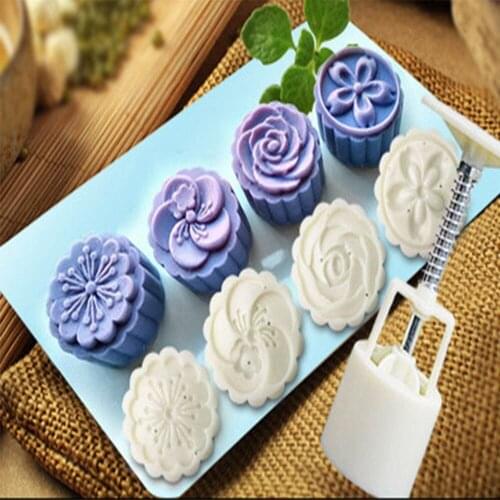 Silicone Mold 4 Style Cake Decorating Tools Stamps 50g Round Flower Moon Cake Mold Mould White Set Mooncake Decor Kitchen Tool