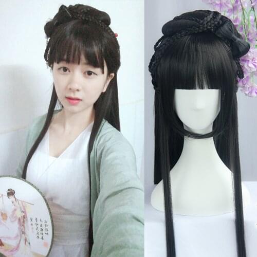WEILAI Vintage Wigs for Women Han Dynasty Ancient Style Wig Ancient Costume Versatile Daily Used Black Custom Wig