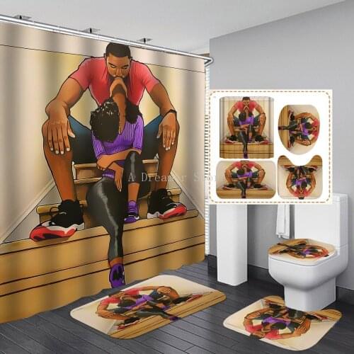 Lover Bathroom Curtains Africa American Shower Curtain Sets Non-Slip Rugs Toilet Lid Cover And Bath Mat Decor Makeup Party