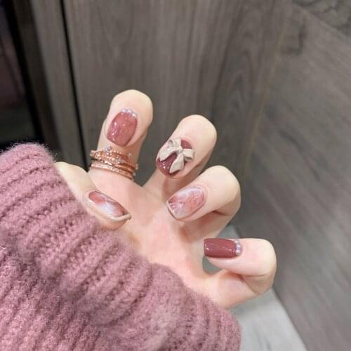 Bean Paste Powder Bowknot Marble Smudge Ribbon Fake Nail Patch Manicure Finished Disassembly Wearable False Nail