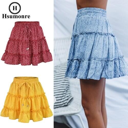Multi Dot Printed A-line Skirt for Women High Waist Ruffle Skirt Half-length Skirt Beach Short Pleated Mini Skirt Sexy Lady Boho