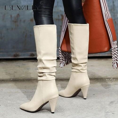 Lsewilly Fashion New Hot Large Size 43 Spike Heels Knee High Boots Woman Shoes Slip On Add Fur Autumn Winter Boots Women Shoes