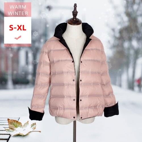 Women Winter Reversible Short White Duck Down Suit Jacket Female Casual Stand Collar Warm Coat Covered Button Windproof Outwear