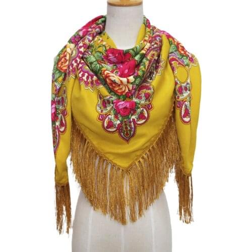 135*135cm Russian Style Square Scarf For Women Big Size Cotton Print Head Scarves Lades Fringed Headwraps Foulard National Scarf