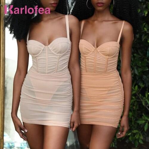 Karlofea New Female Sheer Mesh Mini Dress Sexy Bustier Padded Underwired Cups Boned Corset Dress Beach Nightclub Party Outfits