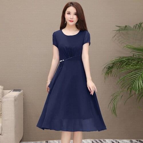 M-5XL Womens Chiffon Dress Summer 2020 New Fashion Elegant Patchwork Pearls Draped Short-sleeve Mid-length Loose Dress Female