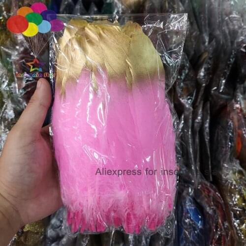 100pcs dye PINK 15-20cm/6-8 inches Diy Beautiful Gold head Goose Feather Tape center plumas faisan view