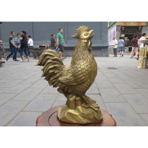12"Chinese Folk pure Brass carve Wealth Chicken Cock Lucky fengshui statue statues garden decoration