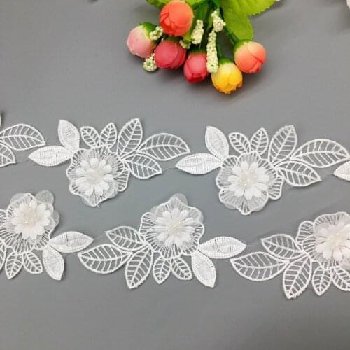 20x Leaves Flower Beads Lace Trim 3D Rhinestones Embroidered Applique Ribbon DIY Sewing Craft For French Fabric Wedding Dress