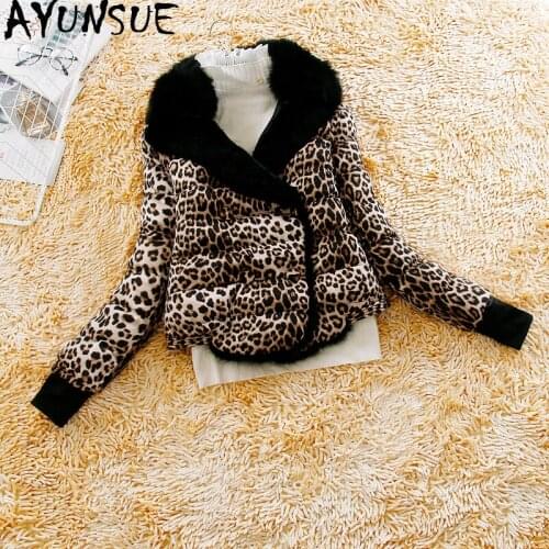 AYUNSUE Winter Jacket Women Parka Fox Fur Collar Leopard Down Cotton Coat Short Puffer Korean Rabbit Fur Parkas Mujer 2020 J3729