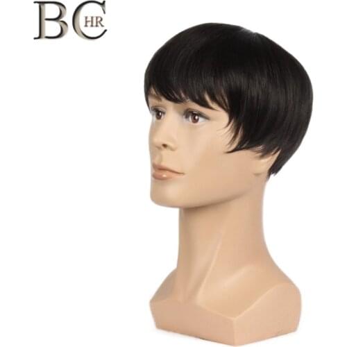 BCHR 8 inch Short Straight Synthetic Wigs for Men Natural Black Male Wig Heat Resistant Fiber Hair toupee Wig