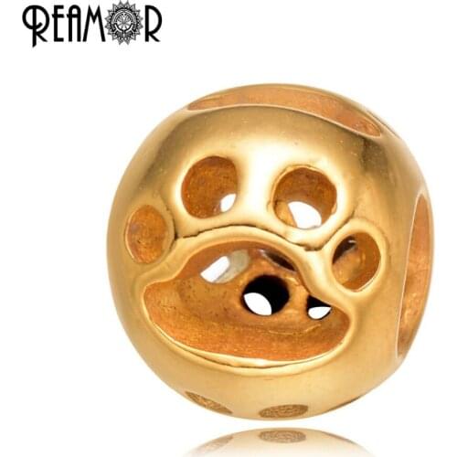 REAMOR 316l Stainless Steel Cartoon Hollow Dog Footprint European Big Hole Beads Charm For DIY Strand Bracelet Jewelry Making