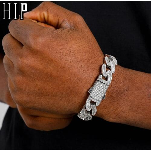 Hip Hop 15MM Baguette Cuban Link Chains Bling Iced Out CZ Setting AAA+ Cubic Zirconia Box Buckle Bracelet For Men Jewelry