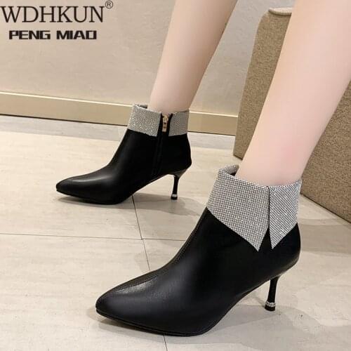 Black Soft Leather Thin Heels Ankle Boots Womens Crystal Cuffed Winter Shoes Elegant Pointed Toe Keep Warm Short Booties Ladies