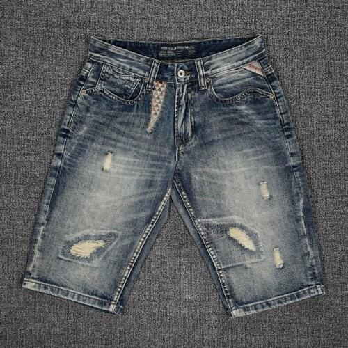 Italian Vintage Fashion Men Jeans Retro Blue Destroyed Ripped Denim Shorts Summer Streetwear Patch Designer Hip Hop Short Jeans