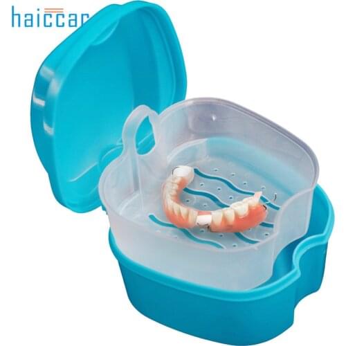 HAICAR 1PC High Quality Practical Denture Bath Box Case Dental False Teeth Storage Box with Hanging Net Container Pretty
