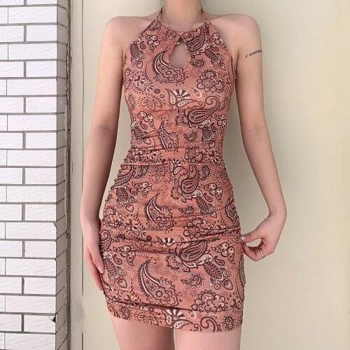 Zadily Bohe Style Printed Sleeveless Halter Mini Dress Sexy Hollow Out Backless Hight Waist Bodycon Dresses 2021 Summer Clothing