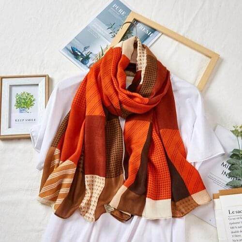 Autumn and Winter New Cotton and Hemp Scarf Womens Wind Silk Scarf Retro Thousand Bird Grid Orange Long Scarf Thin Shawl