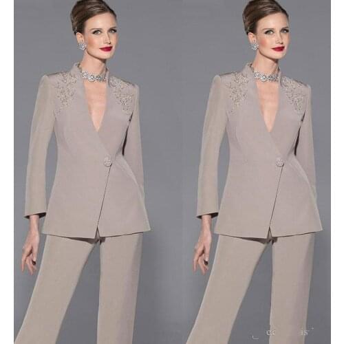 Two-Piece Mother Of Bride Pant Suits Deep V Neck Wedding Mothers Groom Dress Long Sleeves Wedding Guest Dress
