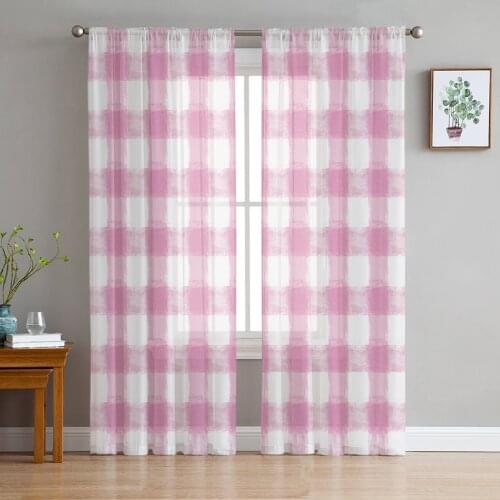 Luxury Tulle Curtains Pastoral Pink Watercolor Grid Living Room Kitchen Chiffon Curtain Youth Bedroom Sheer Valance Curtain