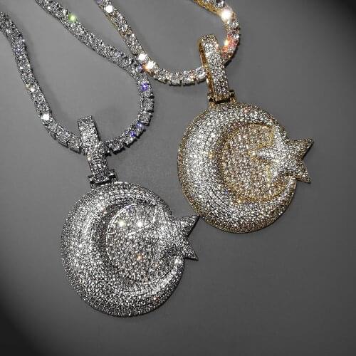 Bling Hip Hop Moon And Star Pendant With Tennis Chain Luxury Full Cubic Zirconia Necklace For Men Women Gifts