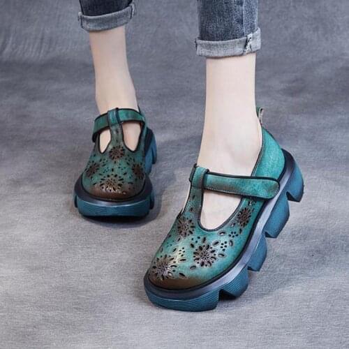 Women Sandals Female Hook & Loop Retro Wedges Genuine Leather Shoes 2021 Summer Handmade Hollow Sewing Concise Ladies Sandals