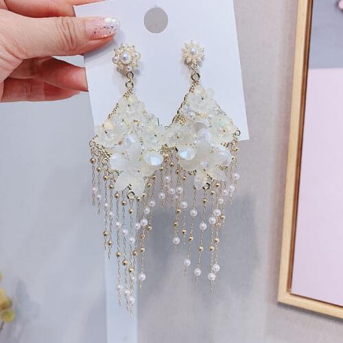 Boho Elegant Long Tassel Pearl Drop Earrings for Women Pretty Flower Statement Earring Jewelry 2020