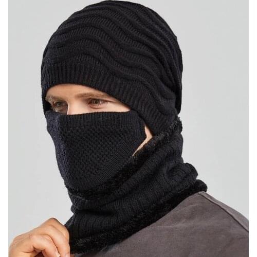 Hat mens winter warm knitted wool hat winter European and American cycling windproof mask three-piece scarf